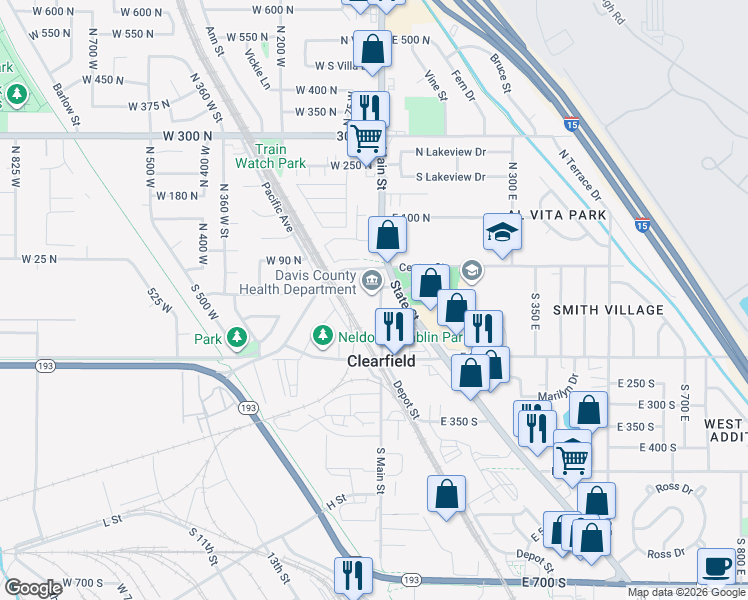 map of restaurants, bars, coffee shops, grocery stores, and more near 22 South Main Street in Clearfield