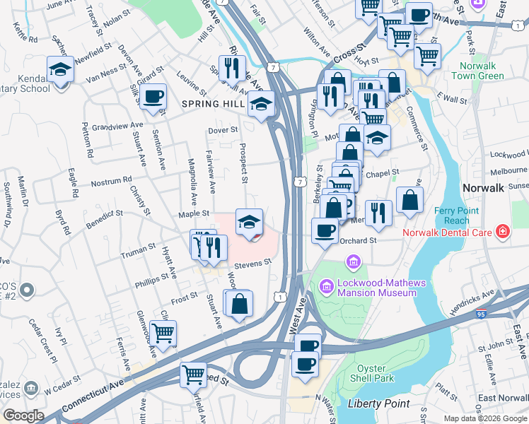 map of restaurants, bars, coffee shops, grocery stores, and more near 14 Clarmore Drive in Norwalk