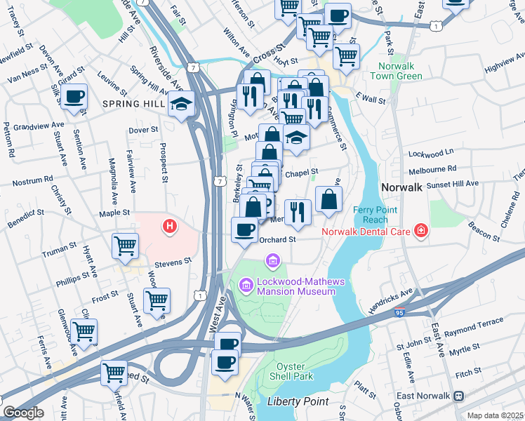 map of restaurants, bars, coffee shops, grocery stores, and more near 614 West Avenue in Norwalk