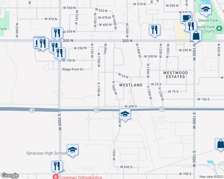 map of restaurants, bars, coffee shops, grocery stores, and more near 96 South 1600 West in West Point