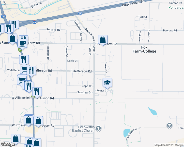 map of restaurants, bars, coffee shops, grocery stores, and more near 101-499 Ave C in Cheyenne