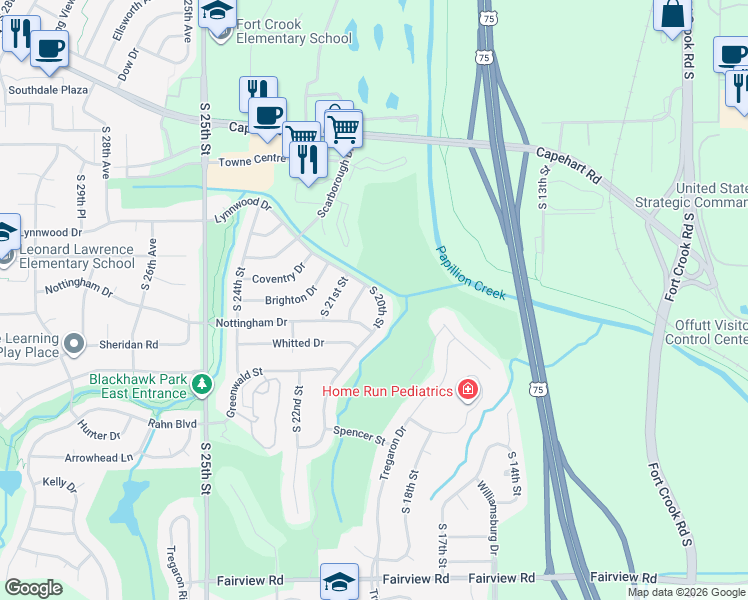 map of restaurants, bars, coffee shops, grocery stores, and more near 13301 South 20th Avenue in Bellevue