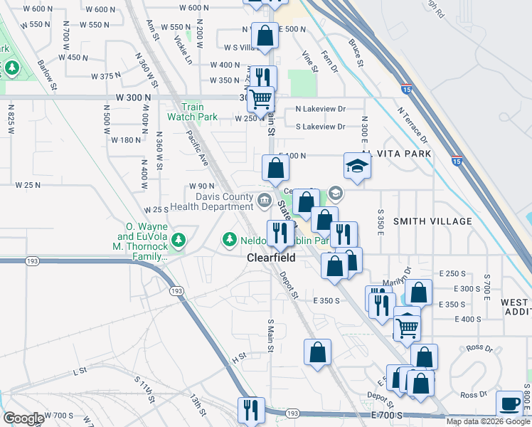 map of restaurants, bars, coffee shops, grocery stores, and more near 22 South Main Street in Clearfield