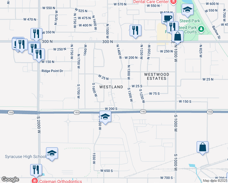 map of restaurants, bars, coffee shops, grocery stores, and more near 17 South 1450 West in Clearfield