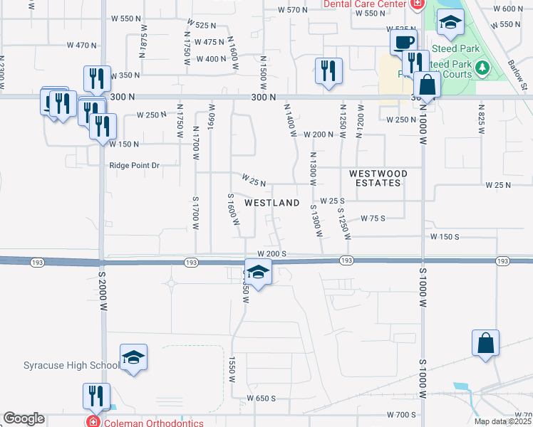 map of restaurants, bars, coffee shops, grocery stores, and more near 17 South 1450 West in Clearfield