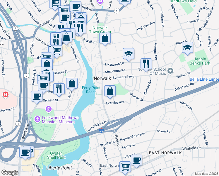 map of restaurants, bars, coffee shops, grocery stores, and more near 125 East Avenue in Norwalk