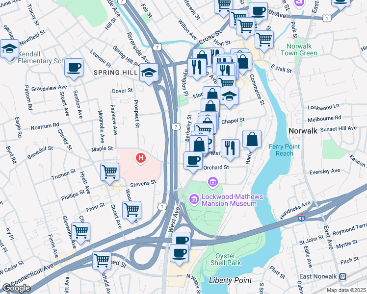 map of restaurants, bars, coffee shops, grocery stores, and more near 10 Arch Street in Norwalk