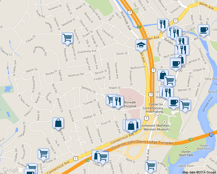 map of restaurants, bars, coffee shops, grocery stores, and more near 48 Magnolia Avenue in Norwalk