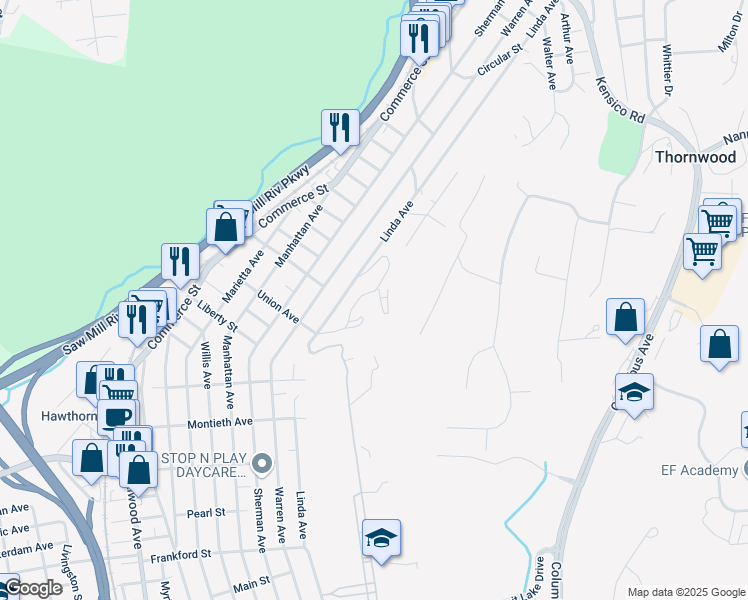 map of restaurants, bars, coffee shops, grocery stores, and more near 573 Linda Avenue in Thornwood