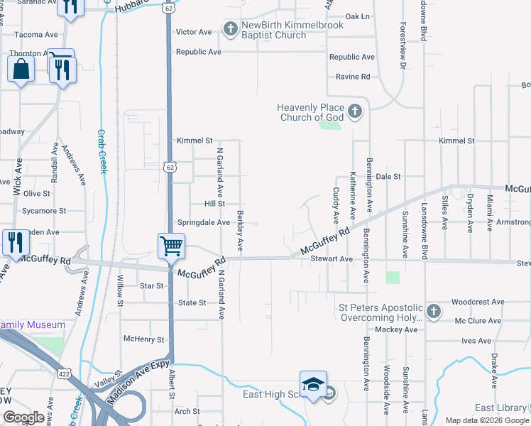 map of restaurants, bars, coffee shops, grocery stores, and more near 1007 Berkley Avenue in Youngstown