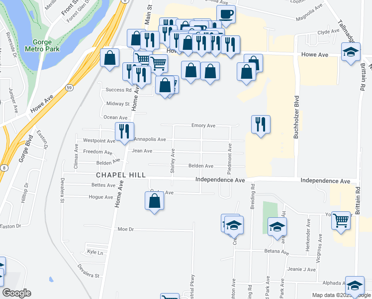 map of restaurants, bars, coffee shops, grocery stores, and more near 941 Jean Avenue in Akron
