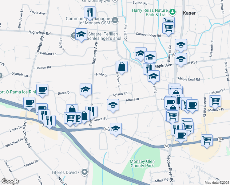 map of restaurants, bars, coffee shops, grocery stores, and more near 18 Eastview Road in Monsey