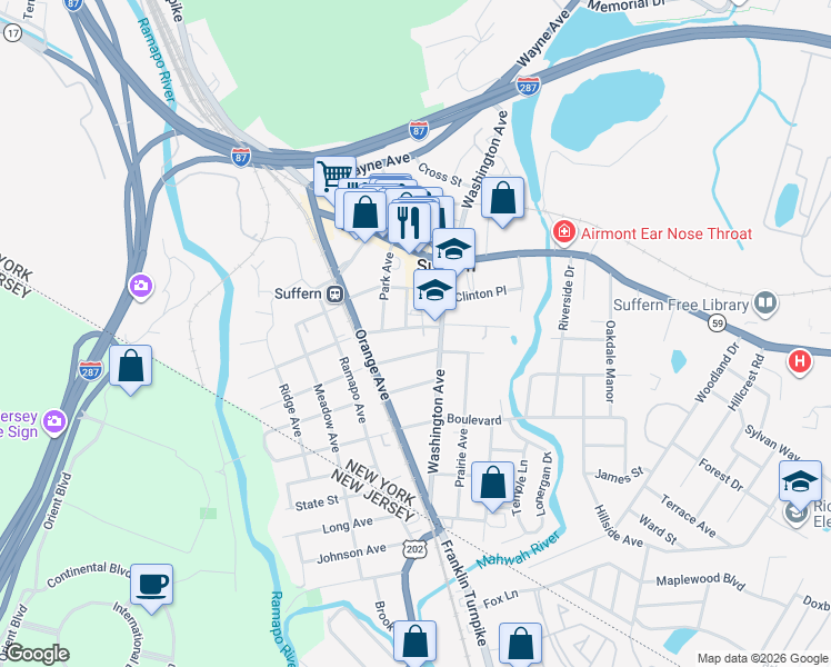 map of restaurants, bars, coffee shops, grocery stores, and more near 59 East Maple Avenue in Suffern