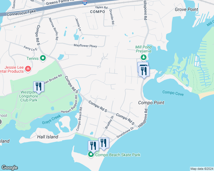 map of restaurants, bars, coffee shops, grocery stores, and more near 16 Minute Man Hill in Westport