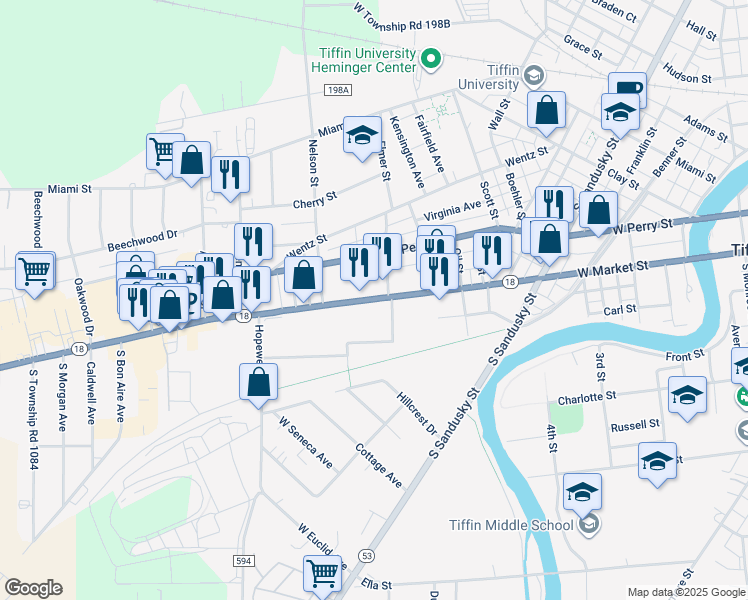 map of restaurants, bars, coffee shops, grocery stores, and more near 397 West Market Street in Tiffin