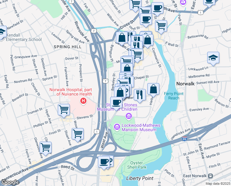 map of restaurants, bars, coffee shops, grocery stores, and more near 10 Arch Street in Norwalk