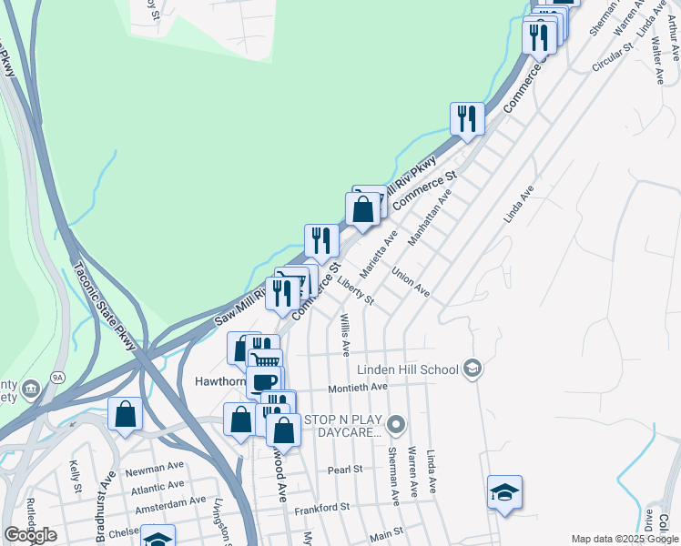 map of restaurants, bars, coffee shops, grocery stores, and more near 523 Commerce Street in Hawthorne