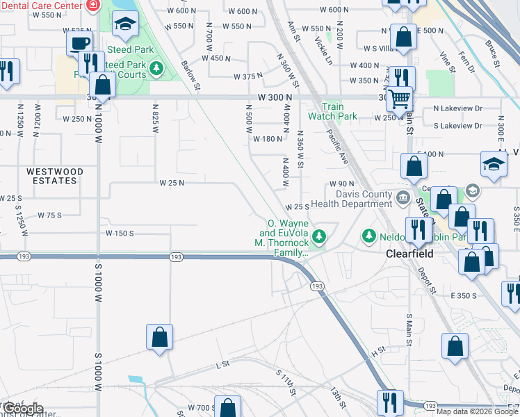 map of restaurants, bars, coffee shops, grocery stores, and more near 72 North 500 West in Clearfield