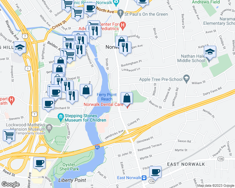 map of restaurants, bars, coffee shops, grocery stores, and more near 124 East Avenue in Norwalk