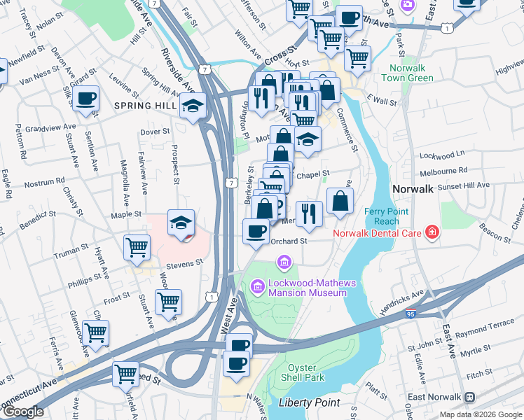 map of restaurants, bars, coffee shops, grocery stores, and more near 10 Arch Street in Norwalk