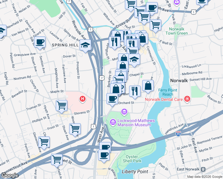 map of restaurants, bars, coffee shops, grocery stores, and more near 10 Arch Street in Norwalk