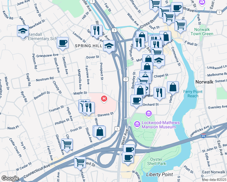 map of restaurants, bars, coffee shops, grocery stores, and more near 56G Clarmore Drive in Norwalk