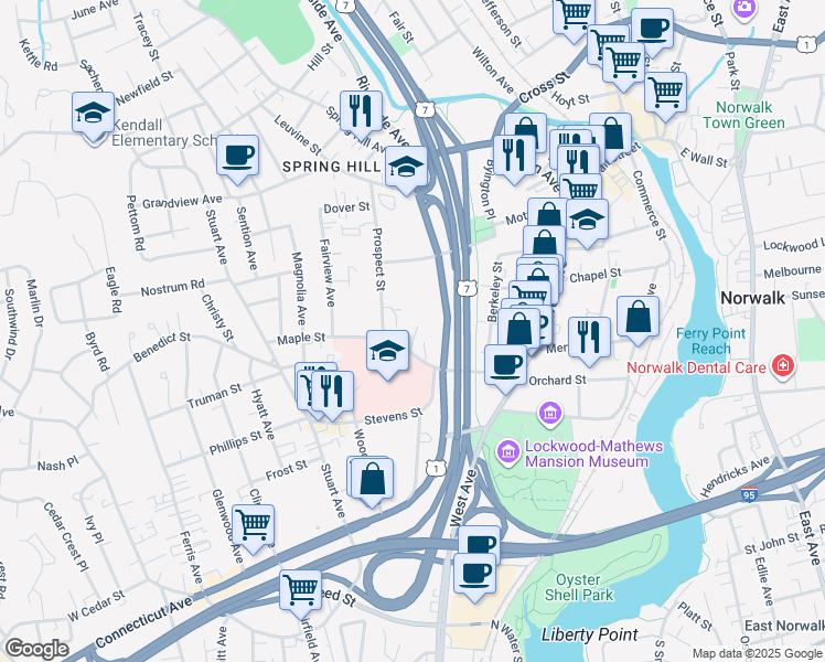 map of restaurants, bars, coffee shops, grocery stores, and more near 56G Clarmore Drive in Norwalk