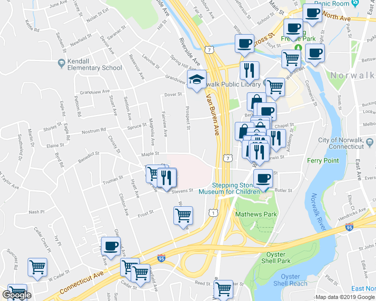 map of restaurants, bars, coffee shops, grocery stores, and more near 33 Prospect Street in Norwalk