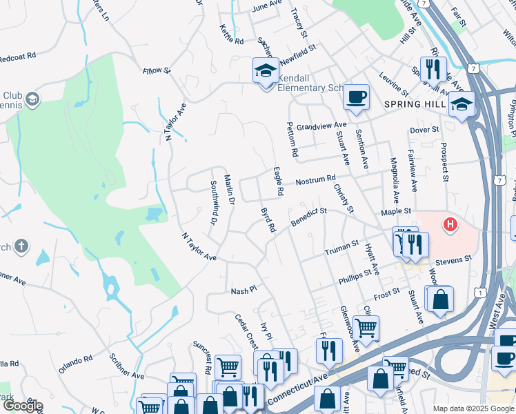 map of restaurants, bars, coffee shops, grocery stores, and more near 19 Byrd Road in Norwalk