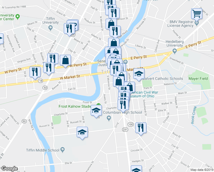 map of restaurants, bars, coffee shops, grocery stores, and more near 95-123 S Monroe St in Tiffin