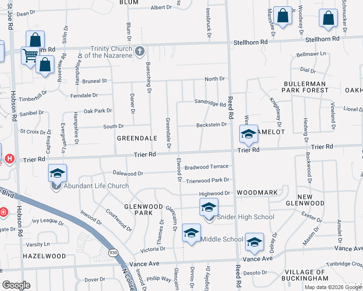map of restaurants, bars, coffee shops, grocery stores, and more near 4454 Beckstein Drive in Fort Wayne