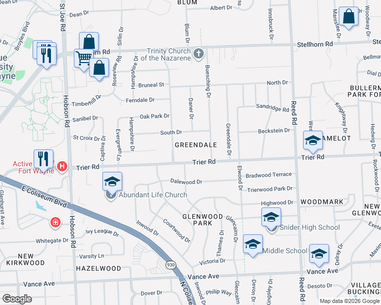 map of restaurants, bars, coffee shops, grocery stores, and more near in Fort Wayne
