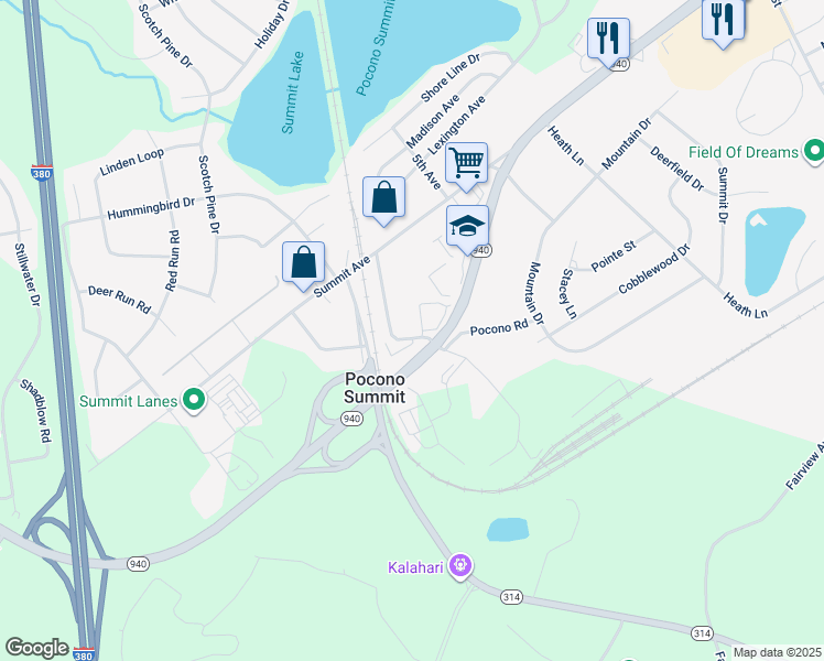 map of restaurants, bars, coffee shops, grocery stores, and more near 147 Harvest Lane in Pocono Summit