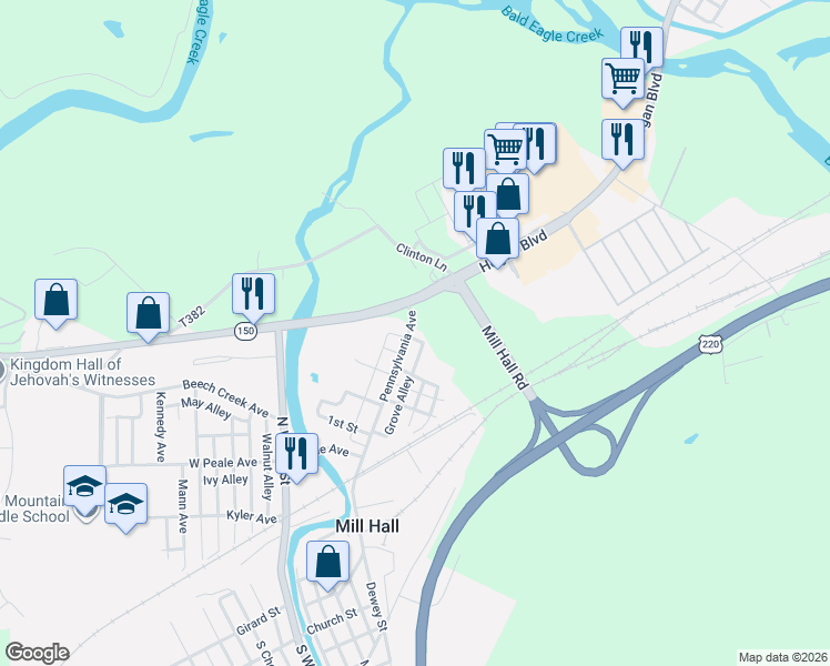 map of restaurants, bars, coffee shops, grocery stores, and more near 238 Pennsylvania Avenue in Mill Hall