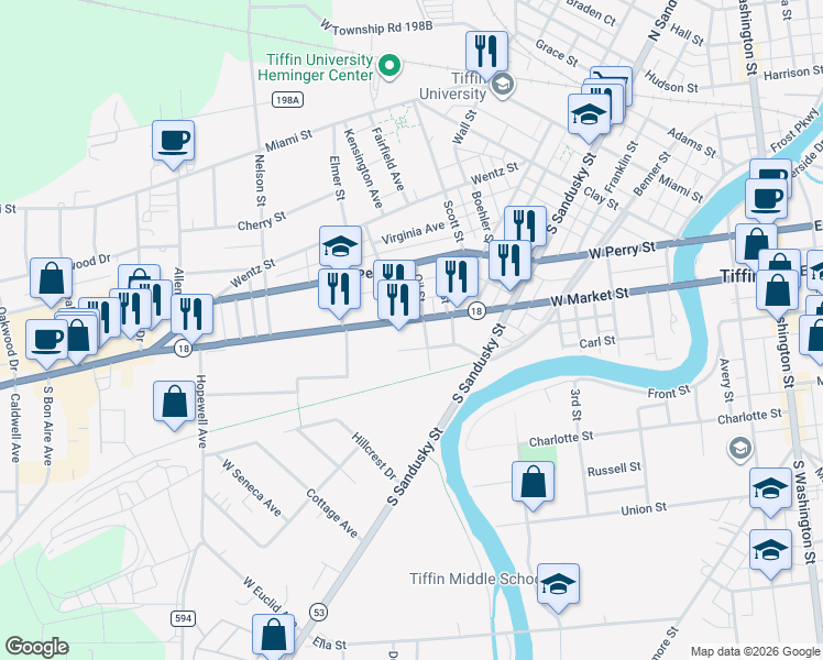 map of restaurants, bars, coffee shops, grocery stores, and more near 20-26 Melissa Ave in Tiffin