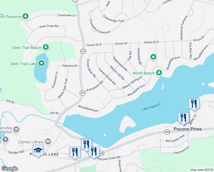 map of restaurants, bars, coffee shops, grocery stores, and more near 331 Canoe Brook Road in Pocono Pines