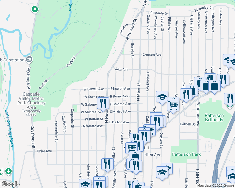 map of restaurants, bars, coffee shops, grocery stores, and more near 40 East Lowell Avenue in Akron
