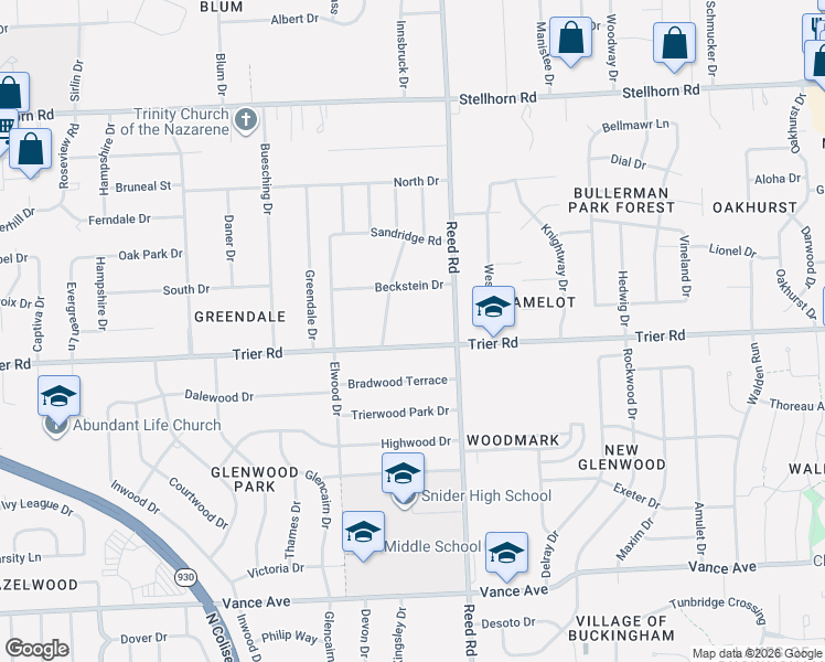map of restaurants, bars, coffee shops, grocery stores, and more near 4712 Beckstein Drive in Fort Wayne