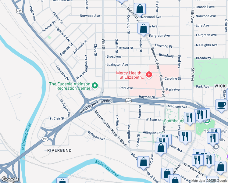 map of restaurants, bars, coffee shops, grocery stores, and more near 753 Park Avenue in Youngstown