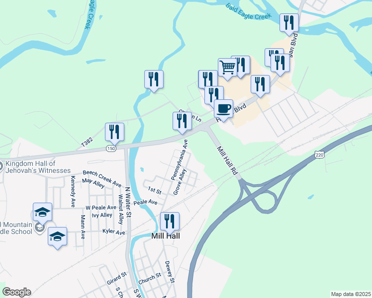 map of restaurants, bars, coffee shops, grocery stores, and more near 236 Pennsylvania Avenue in Mill Hall