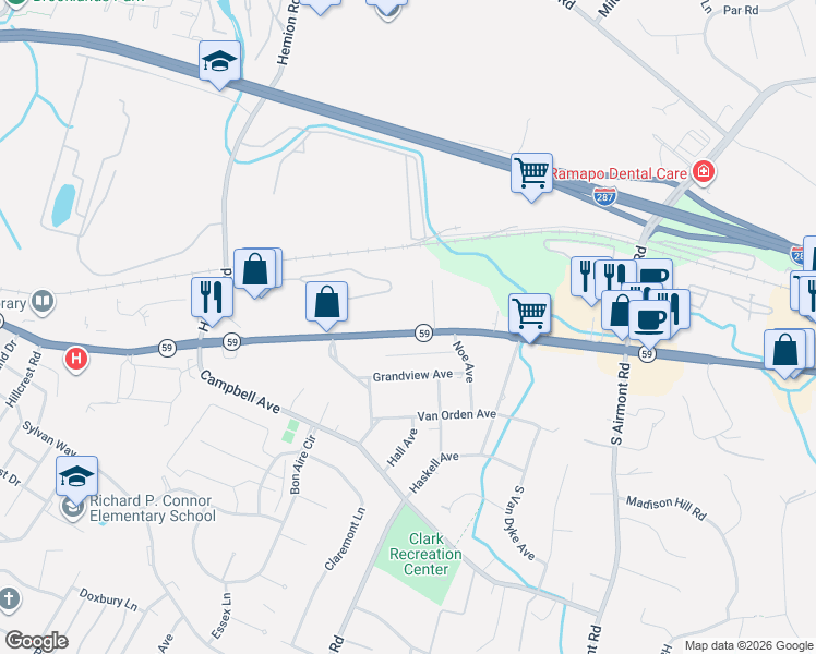 map of restaurants, bars, coffee shops, grocery stores, and more near 130 New York 59 in Airmont