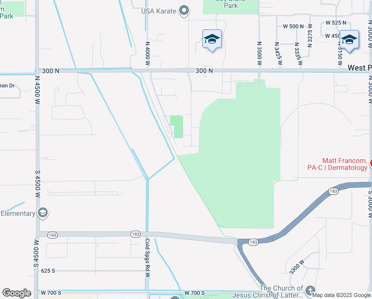 map of restaurants, bars, coffee shops, grocery stores, and more near 3851 West 50 South in West Point