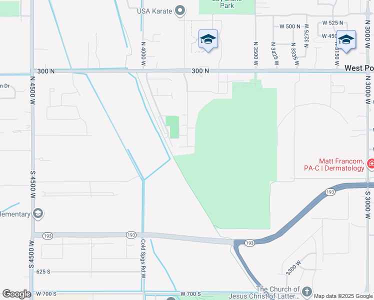 map of restaurants, bars, coffee shops, grocery stores, and more near 3833 West 50 South in West Point