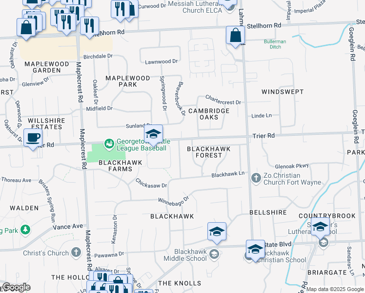 map of restaurants, bars, coffee shops, grocery stores, and more near 3726 Burrwood Terrace in Fort Wayne