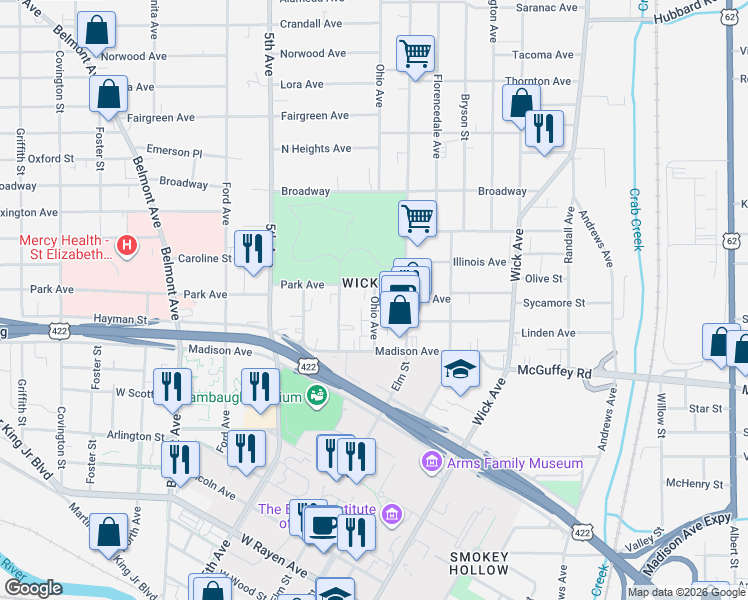 map of restaurants, bars, coffee shops, grocery stores, and more near 259 Park Avenue in Youngstown