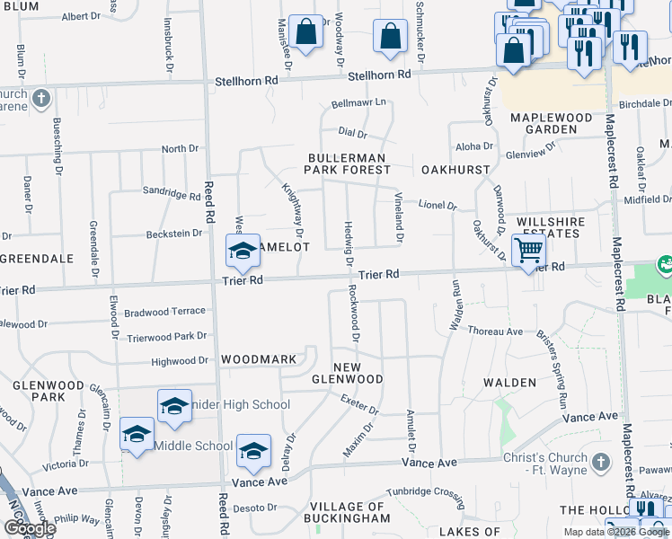 map of restaurants, bars, coffee shops, grocery stores, and more near 3811 Hedwig Drive in Fort Wayne