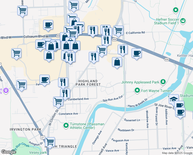 map of restaurants, bars, coffee shops, grocery stores, and more near 3929 Newport Avenue in Fort Wayne