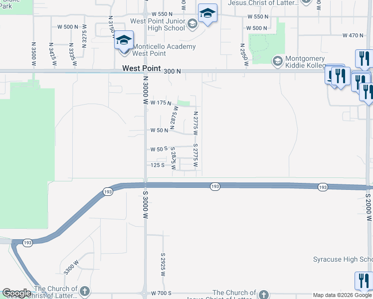 map of restaurants, bars, coffee shops, grocery stores, and more near 2792 West 50 North in West Point