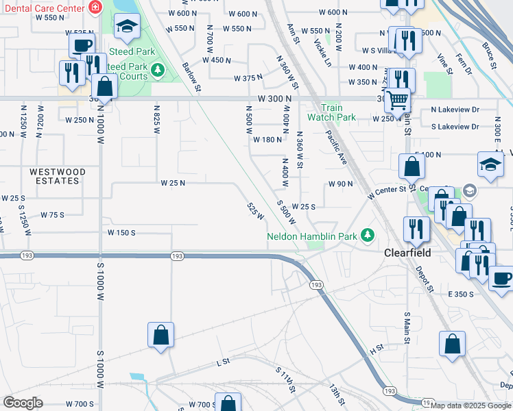 map of restaurants, bars, coffee shops, grocery stores, and more near 72 South 525 West in Clearfield