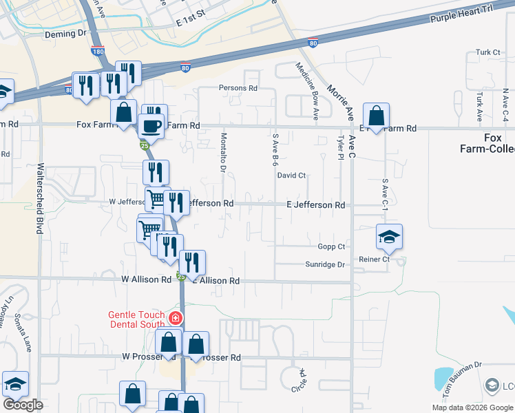 map of restaurants, bars, coffee shops, grocery stores, and more near 404-426 E Jefferson Rd in Cheyenne